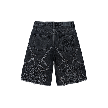 Spider Web Denim Shorts Washed Black