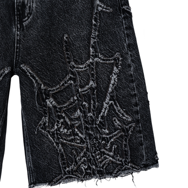 Spider Web Denim Shorts Washed Black
