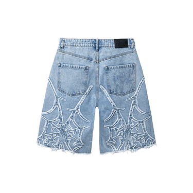 Spider Web Denim Shorts Bleached Indigo